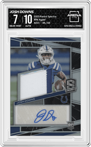 Josh Downs from the 2023 Panini Spectra set featuring a Hyper parallel graded by Arena Club and given an overall grade of 7.