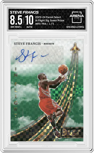 Steve Francis from the 2023-24 Panini Select  set featuring a Green Prizm parallel graded by Arena Club and given an overall grade of 8.5.