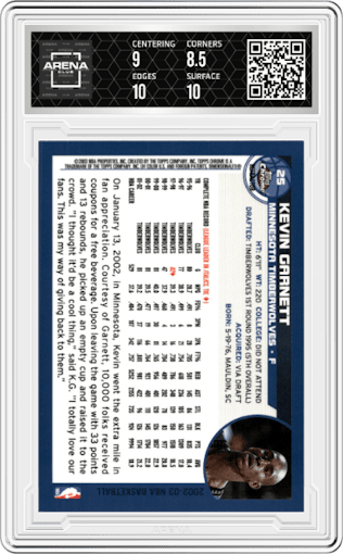 Kevin Garnett from the 2002-03 Topps Chrome set featuring a Refractor parallel graded by Arena Club and given an overall grade of 9.
