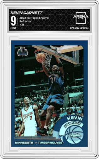 Kevin Garnett from the 2002-03 Topps Chrome set featuring a Refractor parallel graded by Arena Club and given an overall grade of 9.