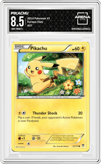 Pikachu from the 2014 Pokemon XY set graded by Arena Club and given an overall grade of 8.5.