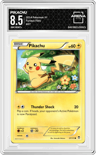 Pikachu from the 2014 Pokemon XY set graded by Arena Club and given an overall grade of 8.5.