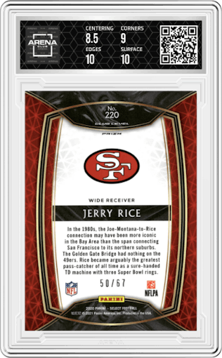 Jerry Rice from the 2020 Panini Select set featuring a Dragon Scale Prizm parallel graded by Arena Club and given an overall grade of 9.