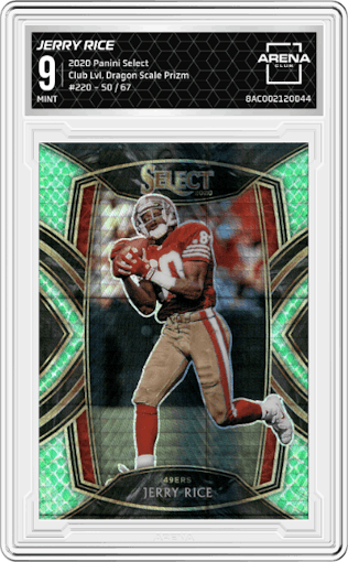 Jerry Rice from the 2020 Panini Select set featuring a Dragon Scale Prizm parallel graded by Arena Club and given an overall grade of 9.