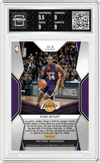 Kobe Bryant from the 2018-19 Panini Prizm set featuring a Green Prizm parallel graded by Arena Club and given an overall grade of 9.