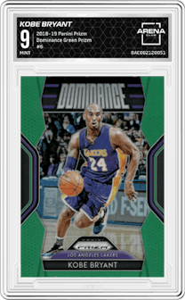 Kobe Bryant from the 2018-19 Panini Prizm set featuring a Green Prizm parallel graded by Arena Club and given an overall grade of 9.