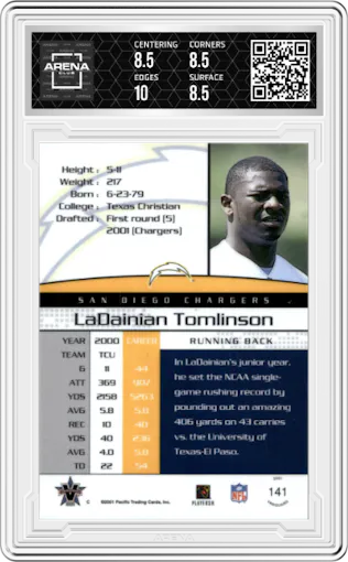 LaDainian Tomlinson  from the 2001 Pacific Vanguard set graded by Arena Club and given an overall grade of 9.