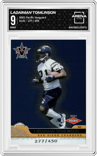 LaDainian Tomlinson  from the 2001 Pacific Vanguard set graded by Arena Club and given an overall grade of 9.