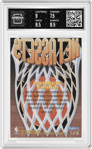 Patrick Ewing from the 1996-97 Skybox E-X2000 set graded by Arena Club and given an overall grade of 8.