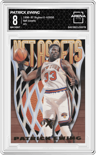 Patrick Ewing from the 1996-97 Skybox E-X2000 set graded by Arena Club and given an overall grade of 8.