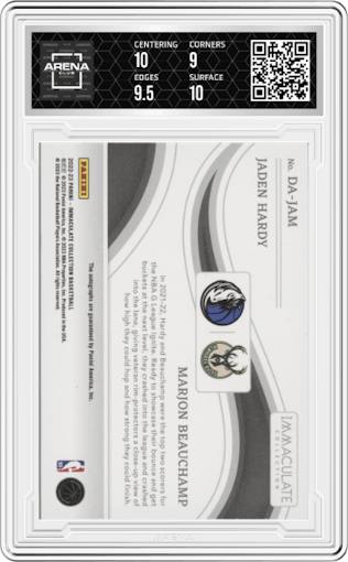 Jaden Hardy/MarJon Beauchamp from the 2022-23 Panini Immaculate Collection set graded by Arena Club and given an overall grade of 9.5.