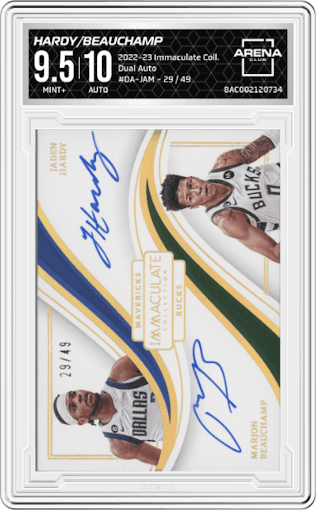 Jaden Hardy/MarJon Beauchamp from the 2022-23 Panini Immaculate Collection set graded by Arena Club and given an overall grade of 9.5.