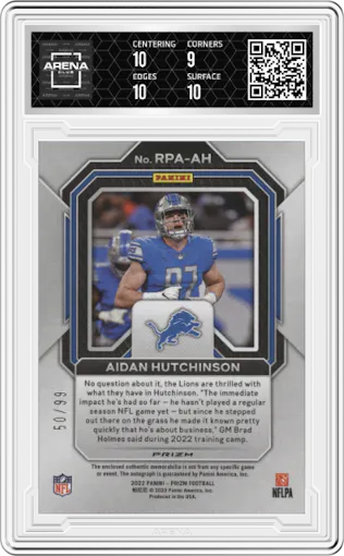  Aidan Hutchinson from the 2022 Panini Prizm set graded by Arena Club and given an overall grade of 9.5.