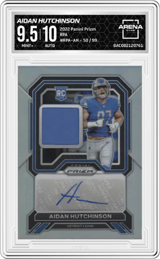  Aidan Hutchinson from the 2022 Panini Prizm set graded by Arena Club and given an overall grade of 9.5.