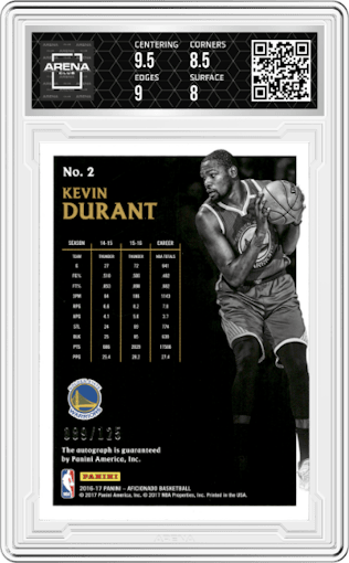 Kevin Durant from the 2016-17 Panini Aficionado set graded by Arena Club and given an overall grade of 8.5.