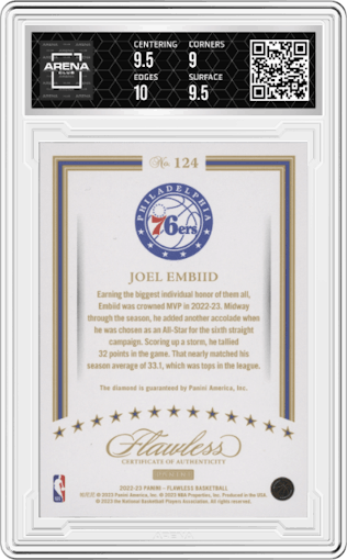 Joel Embiid from the 2022-23 Panini Flawless set featuring a Bronze parallel graded by Arena Club and given an overall grade of 9.5.