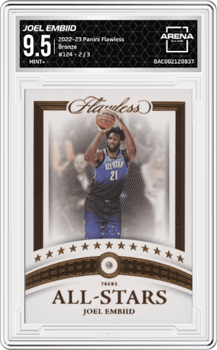 Joel Embiid from the 2022-23 Panini Flawless set featuring a Bronze parallel graded by Arena Club and given an overall grade of 9.5.