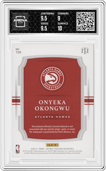 Onyeka Okongwu from the 2020-21 Panini National Treasures set featuring a Gold parallel graded by Arena Club and given an overall grade of 9.5.