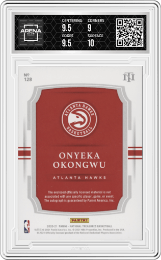 Onyeka Okongwu from the 2020-21 Panini National Treasures set featuring a Gold parallel graded by Arena Club and given an overall grade of 9.5.
