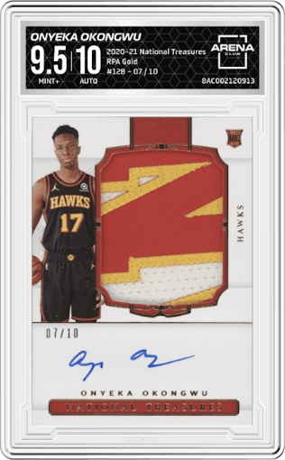 Onyeka Okongwu from the 2020-21 Panini National Treasures set featuring a Gold parallel graded by Arena Club and given an overall grade of 9.5.