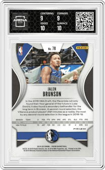 Jalen Brunson from the 2019-20 Panini Prizm set featuring a Green Shimmer parallel graded by Arena Club and given an overall grade of 9.5.