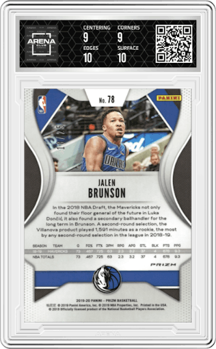 Jalen Brunson from the 2019-20 Panini Prizm set featuring a Green Shimmer parallel graded by Arena Club and given an overall grade of 9.5.