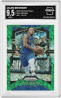 Jalen Brunson from the 2019-20 Panini Prizm set featuring a Green Shimmer parallel graded by Arena Club and given an overall grade of 9.5.