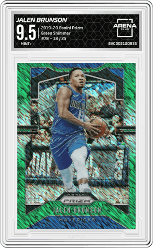 Jalen Brunson from the 2019-20 Panini Prizm set featuring a Green Shimmer parallel graded by Arena Club and given an overall grade of 9.5.