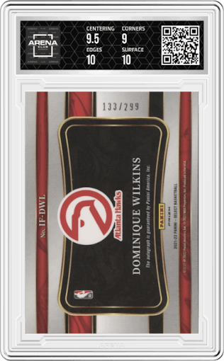 Dominique Wilkins from the 2021-22 Panini Select set graded by Arena Club and given an overall grade of 9.5.