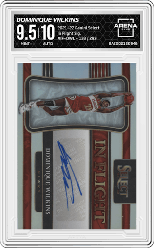 Dominique Wilkins from the 2021-22 Panini Select set graded by Arena Club and given an overall grade of 9.5.
