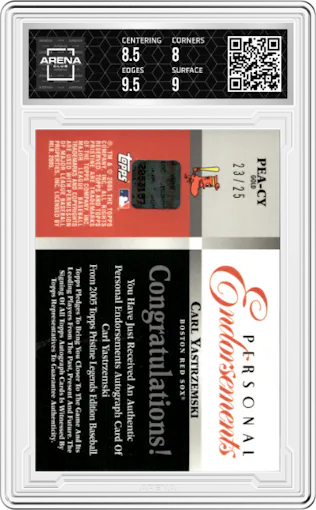 Carl Yastrzemski from the 2005 Topps Pristine Legends set featuring a Gold parallel graded by Arena Club and given an overall grade of 8.5.