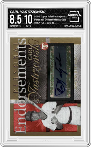 Carl Yastrzemski from the 2005 Topps Pristine Legends set featuring a Gold parallel graded by Arena Club and given an overall grade of 8.5.