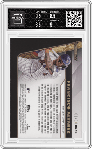 Francisco Alvarez from the 2023 Topps Update set featuring a Red parallel graded by Arena Club and given an overall grade of 9.