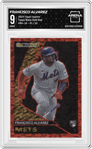 Francisco Alvarez from the 2023 Topps Update set featuring a Red parallel graded by Arena Club and given an overall grade of 9.