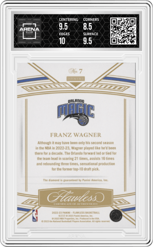 Franz Wagner from the 2022-23 Panini Flawless set featuring a Gold parallel graded by Arena Club and given an overall grade of 9.