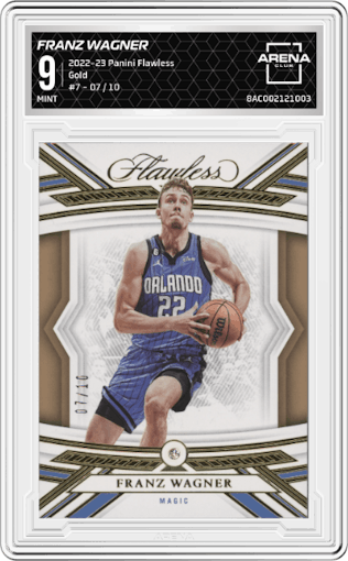 Franz Wagner from the 2022-23 Panini Flawless set featuring a Gold parallel graded by Arena Club and given an overall grade of 9.