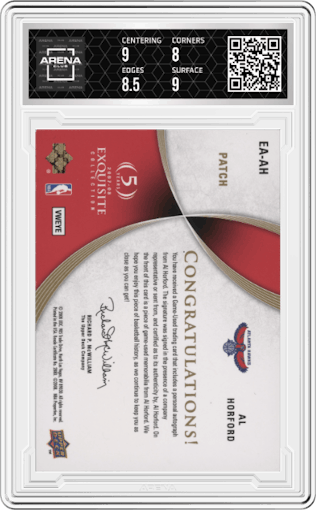 Al Horford from the 2007-08 Exquisite Collection set graded by Arena Club and given an overall grade of 8.5.