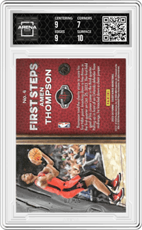 Amen Thompson from the 2023-24 Panini Court Kings set featuring a Sapphire parallel graded by Arena Club and given an overall grade of 7.5.