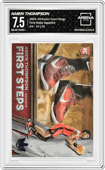 Amen Thompson from the 2023-24 Panini Court Kings set featuring a Sapphire parallel graded by Arena Club and given an overall grade of 7.5.