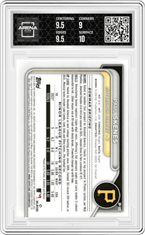 Paul Skenes from the 2024 Bowman set featuring a Neon Green parallel graded by Arena Club and given an overall grade of 9.5.