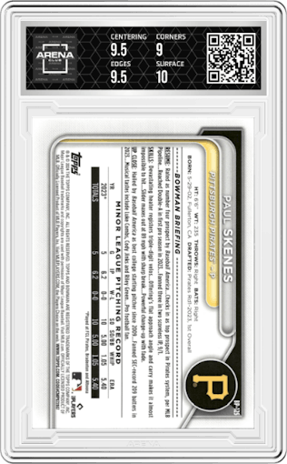 Paul Skenes from the 2024 Bowman set featuring a Neon Green parallel graded by Arena Club and given an overall grade of 9.5.