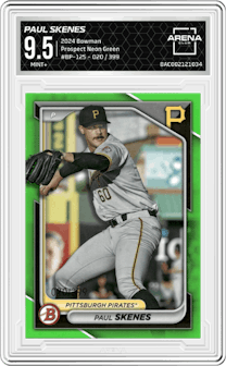 Paul Skenes from the 2024 Bowman set featuring a Neon Green parallel graded by Arena Club and given an overall grade of 9.5.