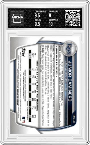 Junior Caminero from the 2023 Bowman Mega Box set graded by Arena Club and given an overall grade of 9.5.