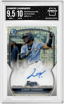 Junior Caminero from the 2023 Bowman Mega Box set graded by Arena Club and given an overall grade of 9.5.