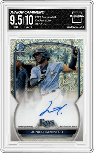 Junior Caminero from the 2023 Bowman Mega Box set graded by Arena Club and given an overall grade of 9.5.