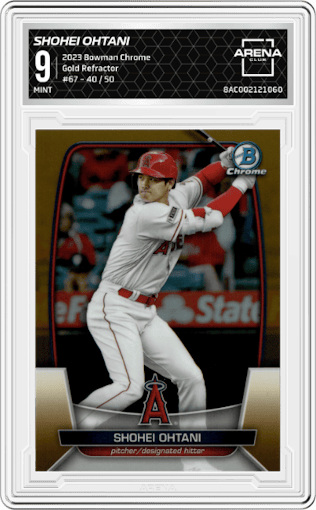 Shohei Ohtani from the 2023 Bowman Chrome set featuring a Gold Refractor parallel graded by Arena Club and given an overall grade of 9.
