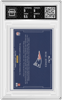 Mac Jones from the 2021 Panini Impeccable set featuring a Bronze parallel graded by Arena Club and given an overall grade of 9.