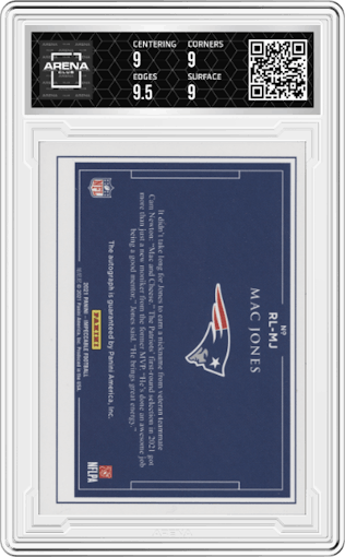 Mac Jones from the 2021 Panini Impeccable set featuring a Bronze parallel graded by Arena Club and given an overall grade of 9.