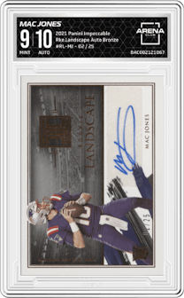 Mac Jones from the 2021 Panini Impeccable set featuring a Bronze parallel graded by Arena Club and given an overall grade of 9.
