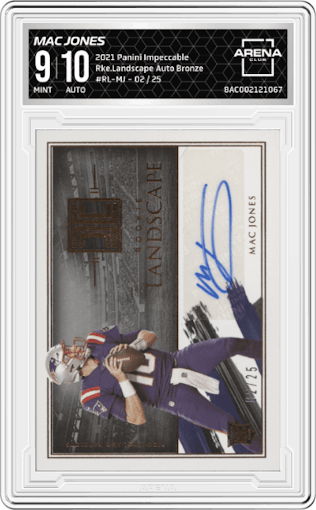 Mac Jones from the 2021 Panini Impeccable set featuring a Bronze parallel graded by Arena Club and given an overall grade of 9.